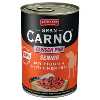 Консерва animonda Gran Carno Fleisch Pur Senior, видими надписи: MIT HUHN + PUTENHERZEN, изображение на нарязано месо и силует на куче.