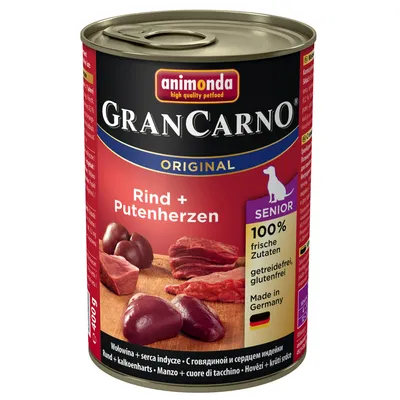 animonda GranCarno Original Rind + Putenherzen, Senior, 100 % frische Zutaten, viljaton, gluteeniton, Made in Germany, 400 g koiran märkäruokapurkki