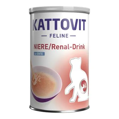 Kattovit Feline NIERE/Renal-Drink mit Ente, blik met afbeelding van een kom vloeistof en silhouet van kat. Tekst deels in Duits/Engels zichtbaar op verpakking.