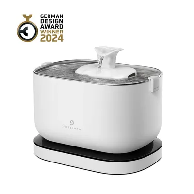PETLIBRO fântână de apă, câștigător al German Design Award 2024. Fântână albă cu apă curgătoare și design modern.
