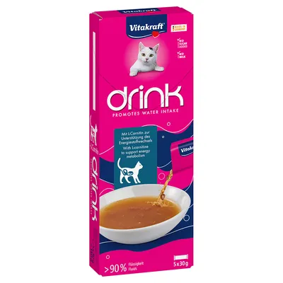 Vitakraft Drink für Katzen, fördert Wasseraufnahme, mit L-Carnitin zur Unterstützung des Energiestoffwechsels, über 90% Flüssigkeit, ohne Zucker und Milch, Made in Germany, 5x30g.