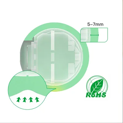 Productdetailweergave met maat 5-7 mm, groene pijlen voor luchtcirculatie en RoHS-certificaat met bladsymbool.