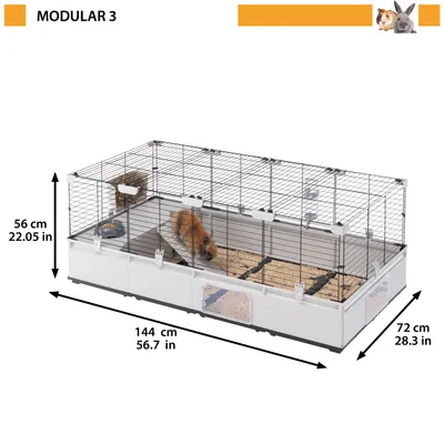 Kletka z merami 144 cm dolžine, 72 cm širine in 56 cm višine. Dve živali v notranjosti, vidna nastilj in rampe. Ime modela: MODULAR 3. Kletka z merami 144 cm dolžine, 72 cm širine in 56 cm višine. Dve živali v notranjosti, vidna nastilj in rampe. Ime modela: MODULAR 3.