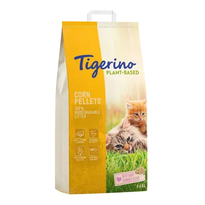 Tigerino Plant-Based Corn Pellets, așternut 100% biodegradabil, formare rapidă de bulgări, se poate arunca în toaletă, antiaderent, foarte puțin praf, cu parfum de pudră pentru bebeluși, 8L.