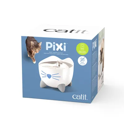 Catit Pixi Smart-Trinkbrunnen mit UV-C Reinigung und App-Steuerung. Verpackung zeigt Produktdesign in Katzenform und Katze daneben.