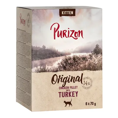 Purizon Kitten Original Chicken Fillet with Turkey, 14 % high-quality fresh fillet, lot de 6 x 70 g. Texte en anglais sur l’emballage.