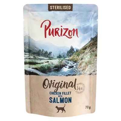 Purizon Sterilised Original Chicken Fillet with Salmon, 14% chicken, 70g. Packaging with landscape design.