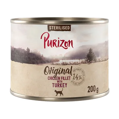 Boîte Purizon Sterilised Original Chicken Fillet with Turkey, 14 % protéines, 200 g. Illustration de paysage et silhouette de chat visibles sur l’étiquette.