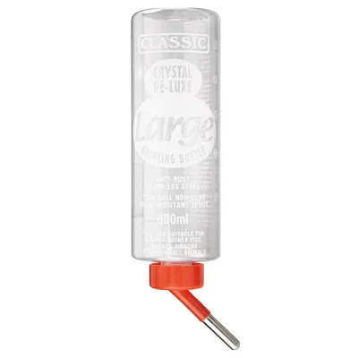 Classic Crystal De-Luxe Large vattenflaska, 600 ml, rostfritt stål, droppfri dubbelkulventil, lämplig för kaniner, marsvin, papegojor och andra smådjur.