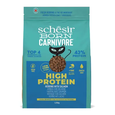 Schesir Born Carnivore High Protein Katzenfutter, Hering mit Lachs, 43% Protein, getreidefrei, Low Carb Rezept, Omega 3&6, +Faser für leichte Verdauung, 1,25kg. Made in Canada.