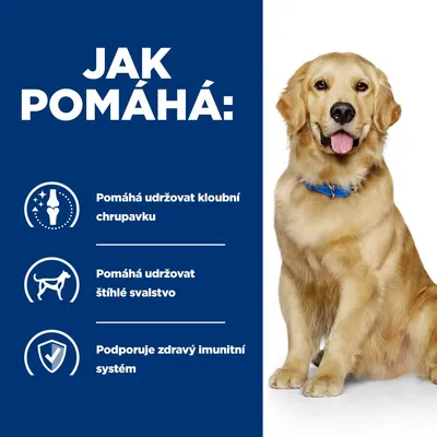 Text: Jak pomáhá: Pomáhá udržovat kloubní chrupavku, Pomáhá udržovat štíhlé svalstvo, Podporuje zdravý imunitní systém. Text v češtine.