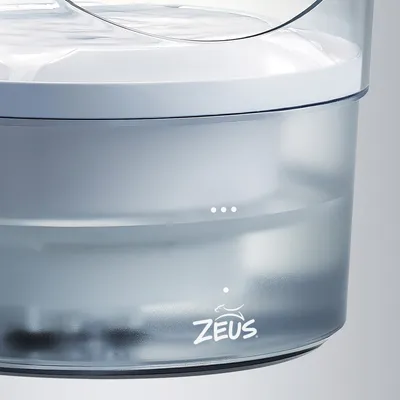 Zeus Wasserspender mit transparentem Behälter und weissem Deckel, geeignet für Haustiere.