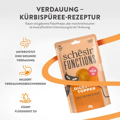Schesir Functions Digestive Topper, Kürbispüree-Rezeptur für empfindliche Katzen. Unterstützt Verdauung, mildert Beschwerden, führt Flüssigkeit zu. Grain-free, 40g.