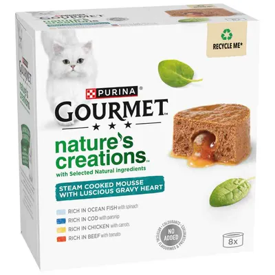 Gourmet Nature's Creations steam cooked mousse with gravy heart, rich in ocean fish with spinach, cod with parsnip, chicken with carrots, beef with tomato. No added colourants or preservatives.