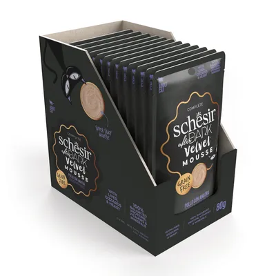 Schesir After Dark Velvet Mousse, gabonamentes, májjal, zúzával és szívvel, 100% kiegyensúlyozott vitaminokkal és ásványi anyagokkal, Pollo con Anatra, 80g, felnőtt macskáknak.