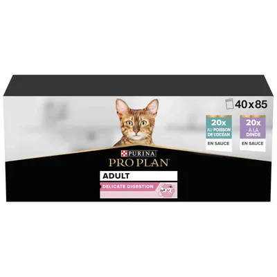 Box showing 40 x 85g adult delicate digestion food pouches, with 20 ocean fish in sauce and 20 turkey in sauce. Label highlights 'adult' and 'delicate digestion'.