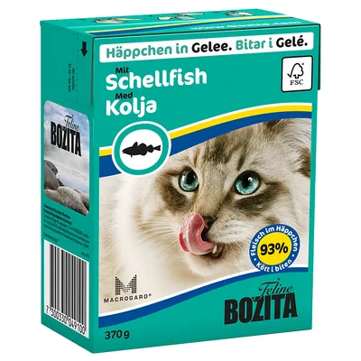 Feline Bozita kattemad 370 g, med kolja. Tekst: Häppchen in Gelee, Mit Schellfish Med Kolja, 93 % Fleisch im Häppchen. Billede af kat og fiskesymbol. FSC-mærke.