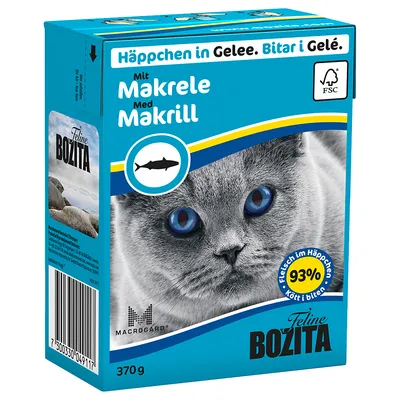 Feline Bozita kattemad med makrel, 370 g. Tekst: Häppchen in Gelee. Bitar i Gelé. Mit Makrele. Med Makrill. 93 % Fleisch im Häppchen. FSC-mærke synligt på pakken.