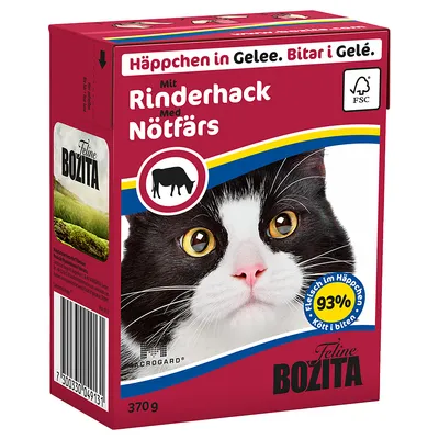 Feline Bozita kattemad 370 g, Häppchen in Gelee. Bitar i Gelé. Med Nötfärs. 93 % Fleisch im Häppchen. FSC-mærke synligt på pakken.