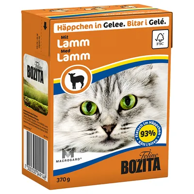 Feline Bozita kattemad med lammekød i gelé, 370 g. Tekst: Häppchen in Gelee, Mit Lamm, Med Lamm, 93 % Fleisch im Häppchen. FSC-mærke synligt på pakken.