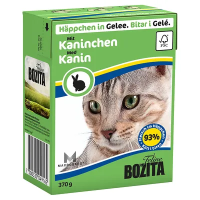 Feline Bozita kattefoder, 370 g, med kanin. Tekst: Häppchen in Gelee. Bitar i Gelé. Mit Kaninchen. Med Kanin. FSC-mærke og MACROGARD synligt på emballagen.