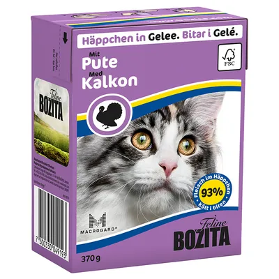 Feline Bozita kattemad 370 g, Häppchen in Gelee, Med Kalkon, 93 % Fleisch im Häppchen, FSC-mærke, billede af kat og kalkun-symbol på lilla emballage