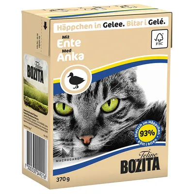 Feline Bozita kattemad 370 g, Häppchen in Gelee. Mit Ente. 93 % Fleisch im Häppchen. FSC-mærke synligt på pakken.