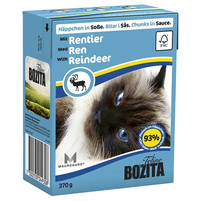 Bozita Feline hrana za mačke s mesom soba, 370 g. Vidljiv tekst: 'Mit Rentier', 'Med Ren', 'With Reindeer', '93 % Fleisch im Häppchen', FSC oznaka.