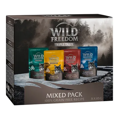 Wild Freedom Triple Taste Mixed Pack, 100% grain-free recipe, 8 x 85 g. Variétés visibles : Asian Lakesides, African Savannas, American Woodlands, European Highlands.