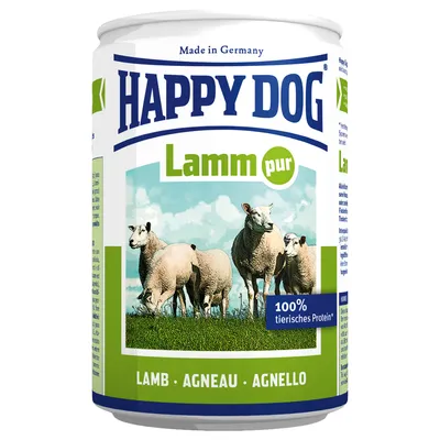 Lata de comida para perros Happy Dog Lamm pur. Texto visible: Made in Germany, 100% tierisches Protein, LAMB, AGNEAU, AGNELLO. Imagen de ovejas en el envase.