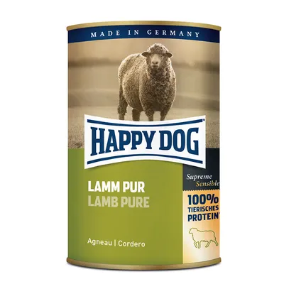 Confezione di cibo per cani Happy Dog Lamm Pur, testo visibile: Made in Germany, Supreme Sensible, 100% tierisches Protein, Lamb Pure, Agneau, Cordero, immagine di una pecora.