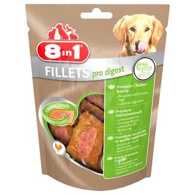 8in1 FILLETS pro digest Premium Hähnchensnack, aromatisiert mit Chicorée-Wurzel, unterstützt die Verdauung. Chicken Snack Nutri-Center.