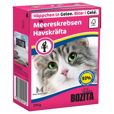 Feline Bozita kattemad 370 g, med havskræfta. Tekst: Häppchen in Gelee. Bitar i Gelé. 93 % Fleisch im Häppchen. FSC-mærke og MacroGard synlige på emballagen.