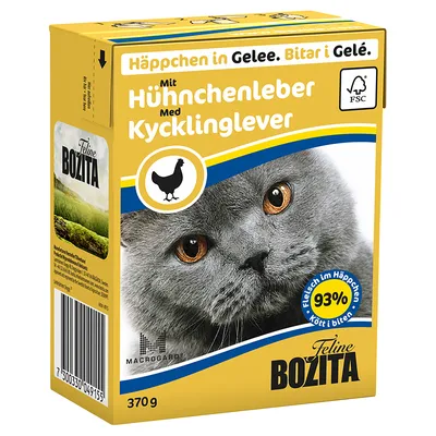 Feline Bozita kattemad 370 g, Häppchen in Gelee, Med Kycklinglever, 93 % Fleisch im Häppchen, FSC-mærke, billede af grå kat på pakken