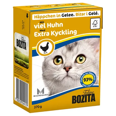 Feline Bozita kattemad 370 g, tekst: Häppchen in Gelee. Bitar i Gelé. Mit viel Huhn Med Extra Kyckling, 93 % Fleisch im Häppchen, FSC, MacroGard, billede af kat