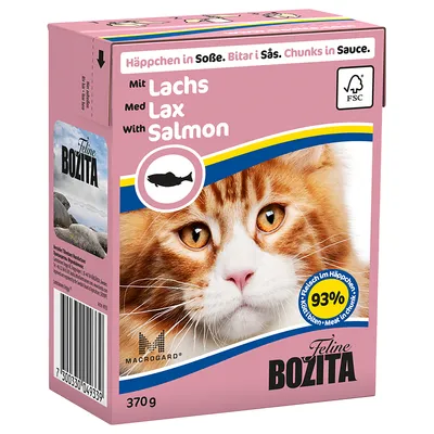Feline Bozita, komadići u umaku s lososom, 370 g. Vidljiv FSC znak i tekst na više jezika: Mit Lachs, Med Lax, With Salmon.