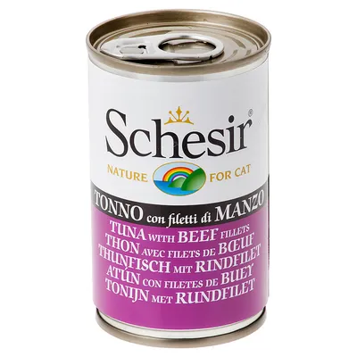 Konzerva Schesir Nature for Cat, TONNO con filetti di MANZO, TUNA with BEEF fillets, vícejazyčný popis na obalu.