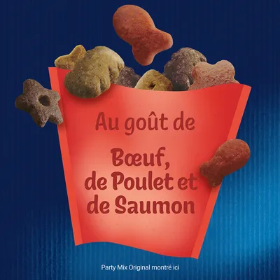 Au goût de Bœuf, de Poulet et de Saumon. Party Mix Original montré ici.