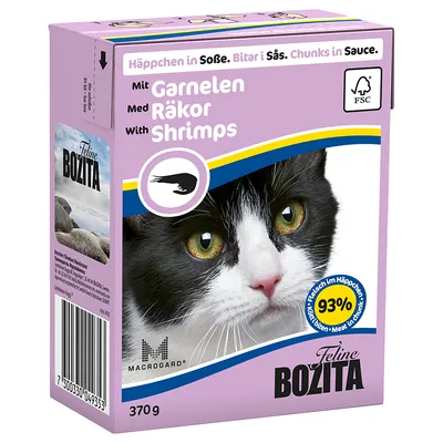 Feline Bozita hrana za mačke s kozicama, 370 g. Tekst: Mit Garnelen, Med Räkor, With Shrimps, 93 % Fleisch im Häppchen. Slika crno-bijele mačke na pakiranju.