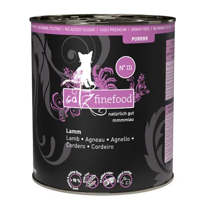 Catz Finefood Nr. 111, jagnjetina. Brez dodanega sladkorja, brez žitaric, brez testiranja na živalih. Premium hrana za mačke v pločevinki.
