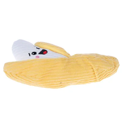 Gult plyschleksak i bananform med vitt ansikte och broderade detaljer, lämplig för husdjur.