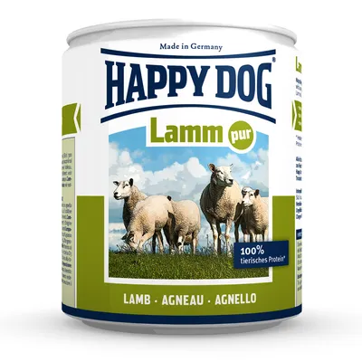 Lata de comida para perros Happy Dog Lamm pur. Texto visible: Made in Germany, 100 % tierisches Protein, LAMB AGNEAU AGNELLO. Imagen de ovejas en el envase.