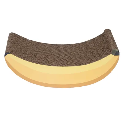 Griffoir pour chat en forme de banane, surface en carton ondulé visible, sans marque apparente ni texte.