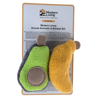 Modern Living Arucas Avocado & Banana Set. Katzenspielzeug aus Stoff in Form von Avocado und Banane, inklusive Anleitung auf Deutsch, Englisch und Französisch.