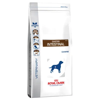 Royal Canin Veterinary Diet Gastro Intestinal Canine, vreča s pasjo silhueto in oznakami: Digestive Security, High Energy, High Palatability, EPA/DHA. Veterinarska hrana za pse.