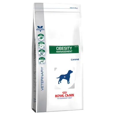 Royal Canin Veterinary Diet Obesity Management CP 34, CANINE. Bela vreča z modro silhueto psa in oznakami: VETERINARY EXCLUSIVE, EPA/DHA, Joint Support, Nutrient Balance.