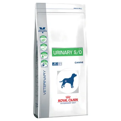 Royal Canin Veterinary Diet Urinary S/O Canine, napis VETERINARY, ikone lastnosti, silhueta psa, SO INDEX, besedilo na embalaži: low Mg, RSS, LP 18.