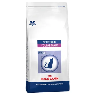 Pungă Royal Canin Veterinary Care Nutrition pentru pisici, text vizibil: Neutered Young Male, SO Index, Feline, Veterinary Exclusive.