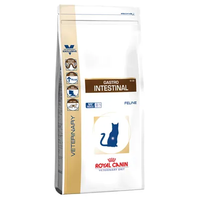 Royal Canin Veterinary Diet Gastro Intestinal Feline Trockenfutter, GI32, mit SO Index und EPA/DHA für Katzen. Verpackung zeigt Produktinformationen und Icons zu Verdauung und Energiegehalt.