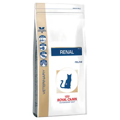 Royal Canin Veterinary Diet Renal Feline -kuivaruokapakkaus, näkyvissä tekstit RENAL, FELINE ja Royal Canin sekä sininen kissasiluetti. Vasemmalla kuvakkeita ja teksti VETERINARY.